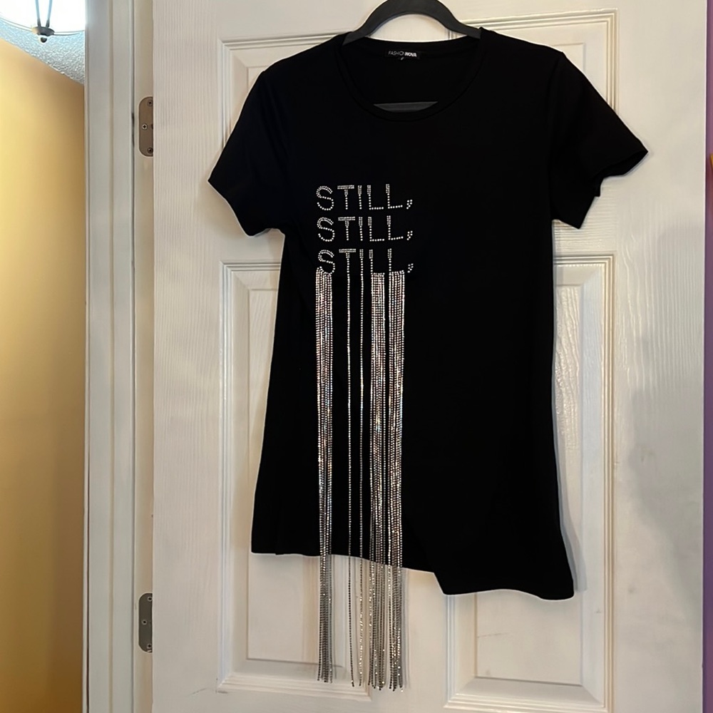 Black shirt with silver bling from FashionNova, in great condition. Worn once